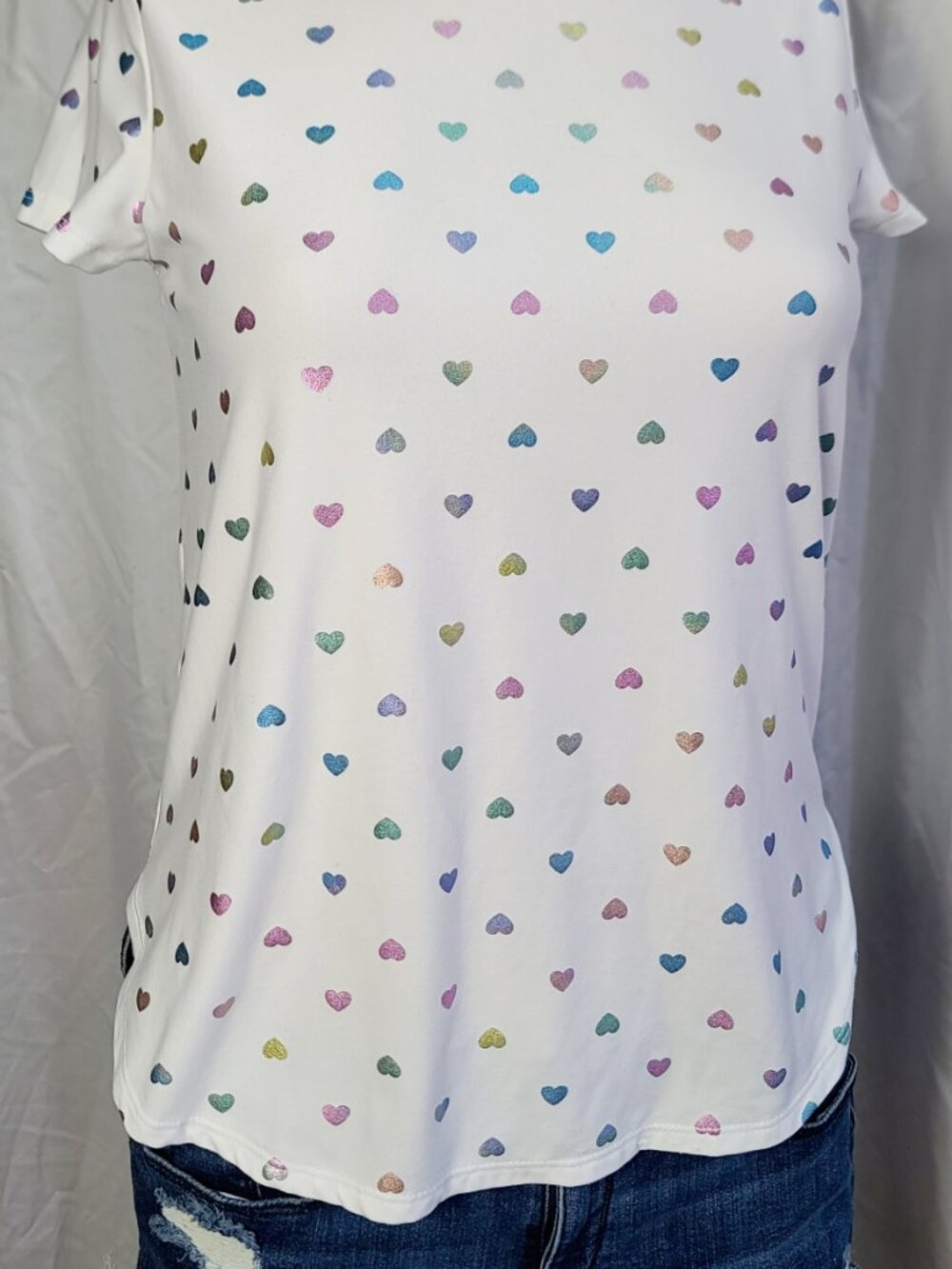Wonder Nation L/G 10/12 Girl's Heart curved hem stretch short sleeve top white